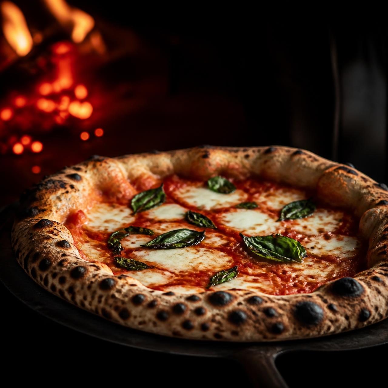 Neapolitanische Pizza Margherita mit Leopardenkruste